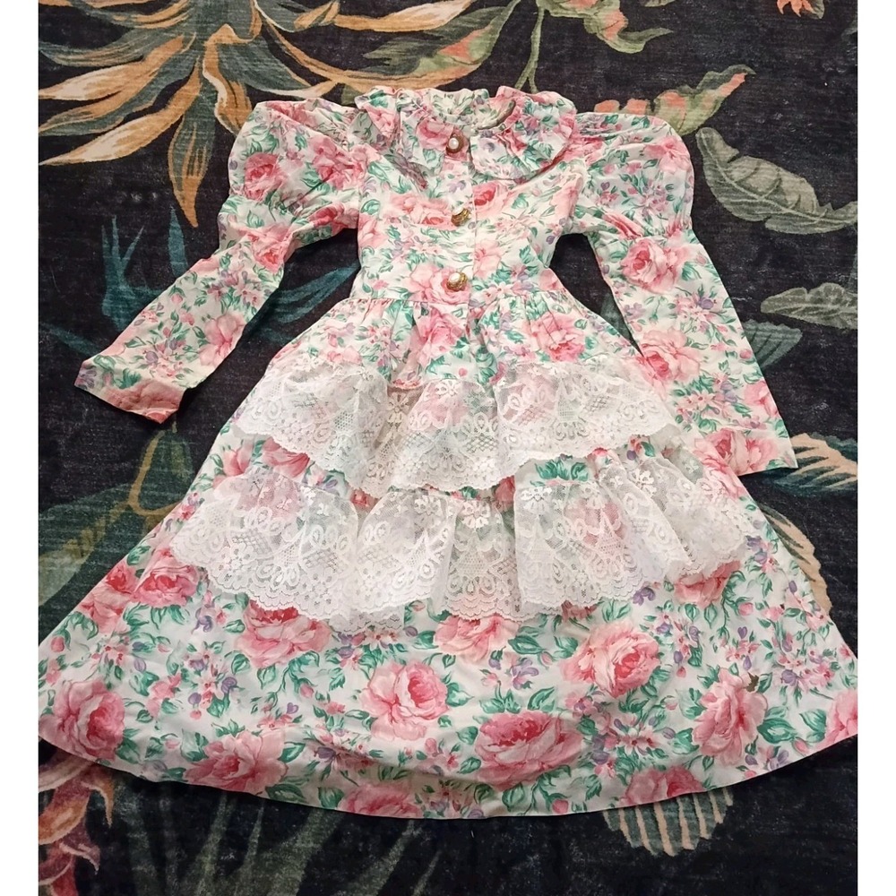 Vintage Storybook Heirlooms Girls Dress Sz 4 Pearl Buttons Floral Lace Victorian